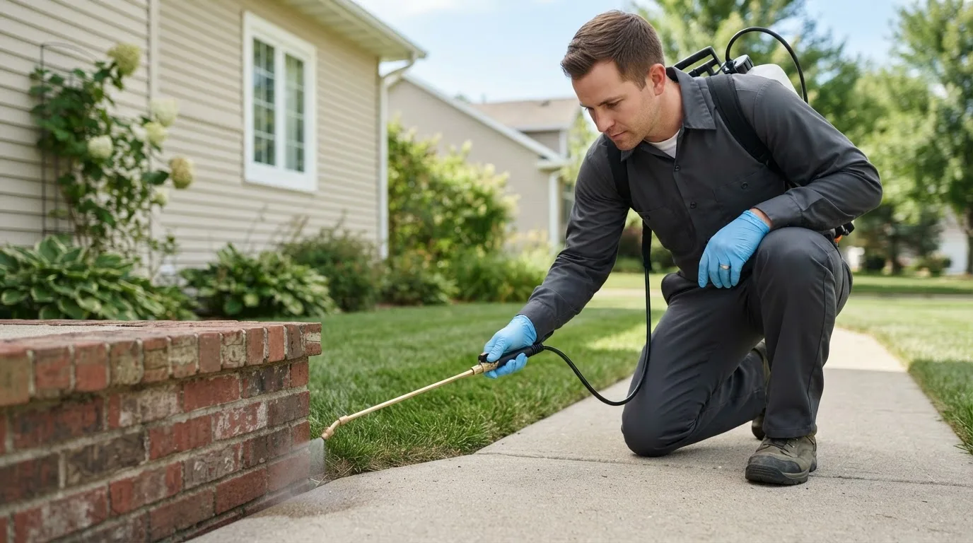 Pest control technician treating a home near Durham, KS